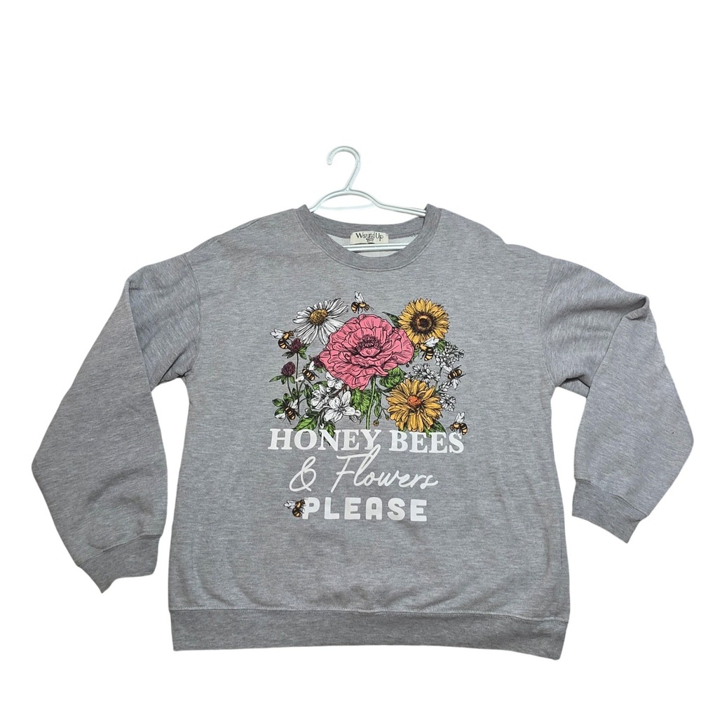 Wound Up Honey Bees & Flowers Please Sweatshirt Grey XL Save The Bees Graphic